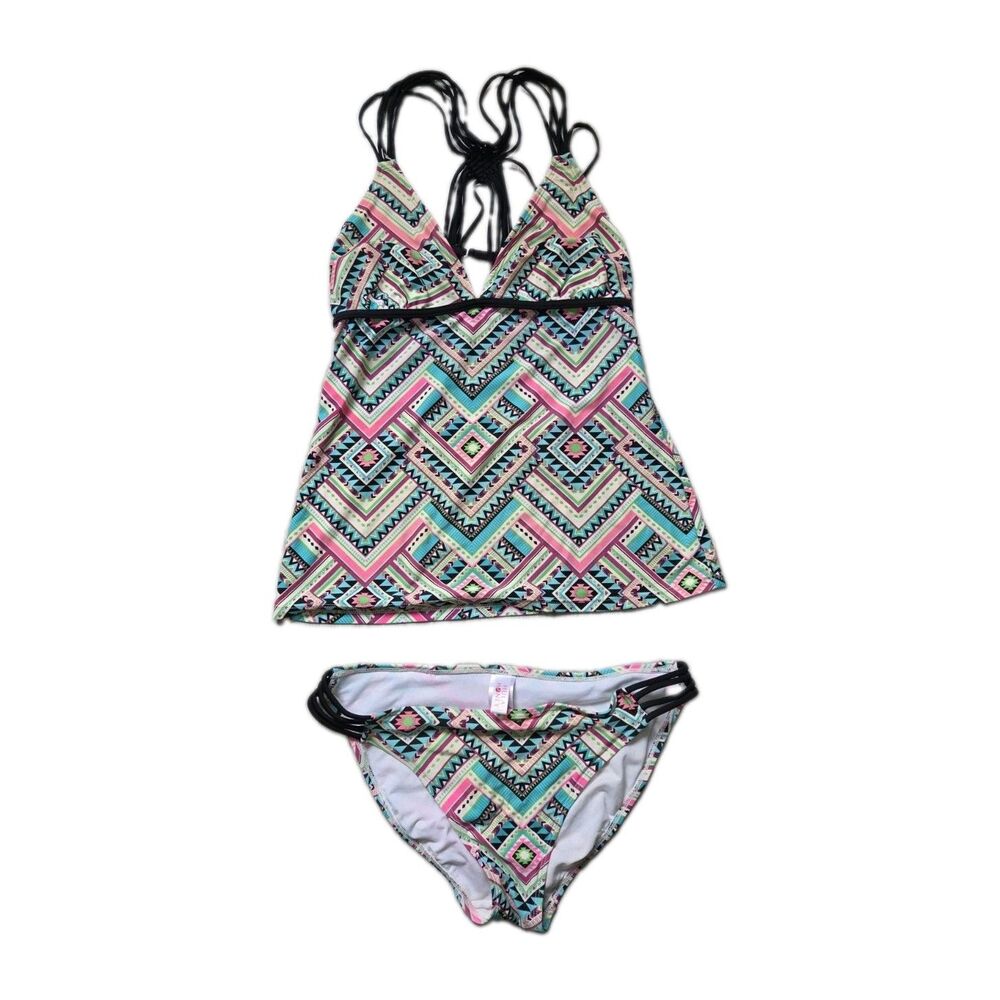 Hula Honey Aztec Geometric Print Strappy Tankini Bikini Swimsuit Set Sz L EUC